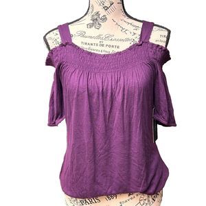 NWT Rhapsody Cold Shoulder Purple Wide Strap Garterized Hem Blouse M